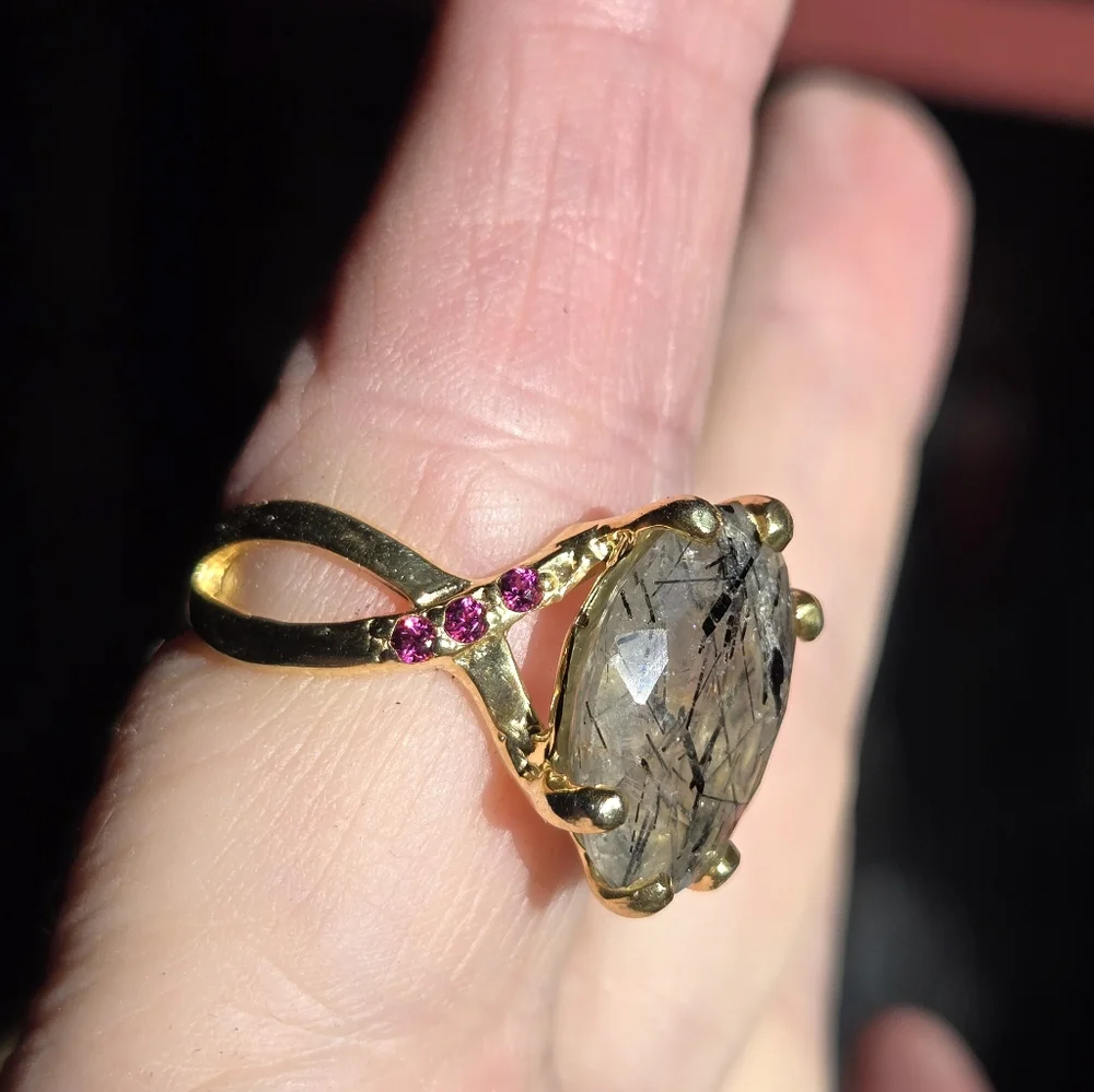 Rutil quarts 5k & Rhodolite sterling & gold infinity ring sz7.5 - Picture 7 of 9